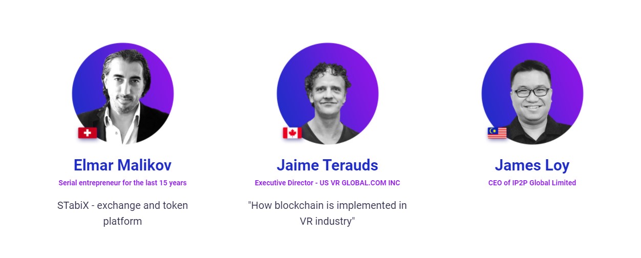 Speaker card for the Blockchain Indonesia event, listing Jaime Terauds as Executive Director of US VR Global speaking on how blockchain is implemented in the VR industry